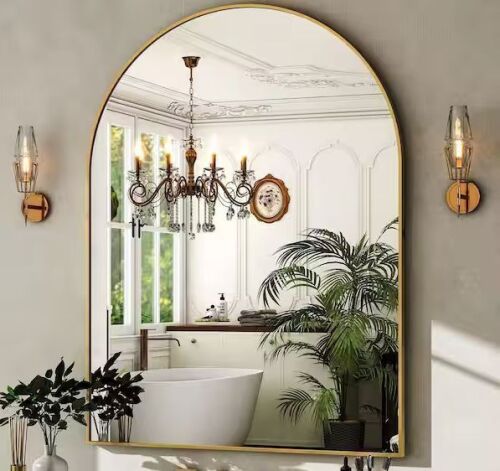 Gold 30 in. W x 40 in. H Arched Aluminum Alloy Framed Mirror - Lot 330JF