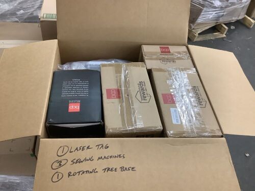 Lot of (3) 6V Sewing Machines, (1) Laser Tag Set & (1) Rotating Tree Stand - Uninspected - Lot 814