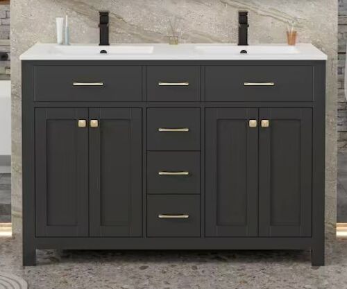 48 in. W x 18 in. D x 34 in. H 2-Sink Freestanding Bath Vanity in Black with White SMC Resin Top and Drain Faucet Set - Lot 18JF