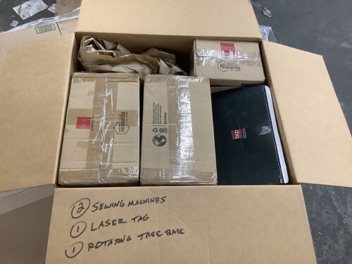 Lot of (2) 6V Sewing Machines, (1) Laser Tag Set & (1) Rotating Tree Stand - Uninspected - Lot 827