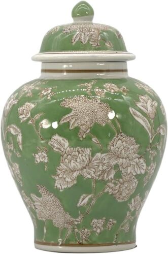 Green & White Floral Chinoiserie Jar 12" w/Lid - Lot 473