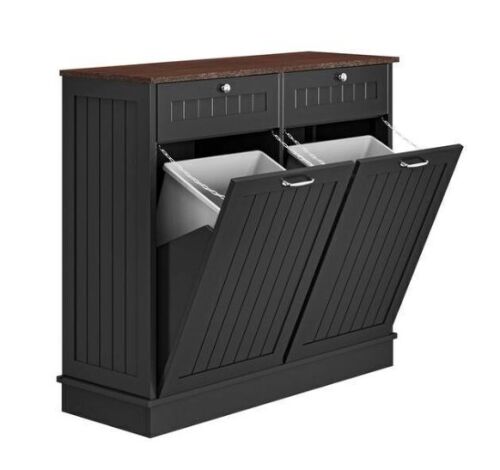HOMEIBRO Farmhouse 40 in. W x 14 in. D x 36 in. H Ready to Assemble Cabinets Floor Tilt Out Trash Cabinet in Black - Lot 41JF