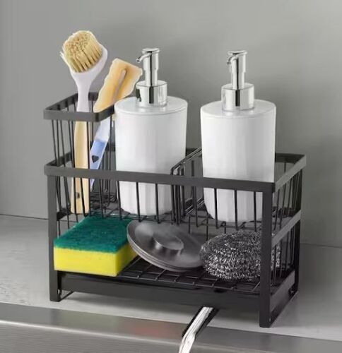 VEVOR 2-Tier Kitchen Sink Caddy Organizer, Sponge and Brush Holder w/ Divider, Rotating Drain Spout - Lot 858JF