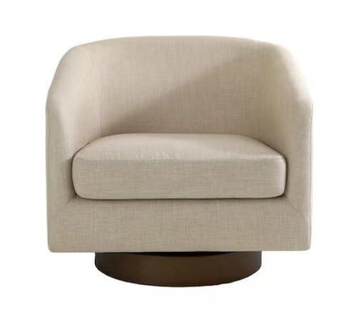 Light Brown Cotton Linen Upholstered 360° Swivel Arm Chair With Wood Base - Lot 37JF