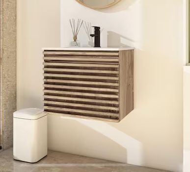 eclife 24 in. W x 18.3 in. D x 19.7 in. H Floating 1-Sink Bath Vanity in Oak with White Ceramic Top and Drain Faucet Set - Lot 19JF