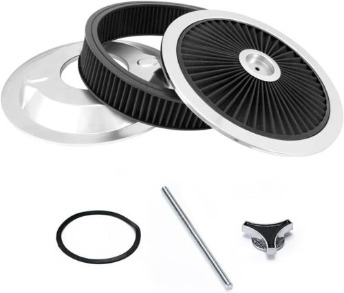14" X 3" Black Round High Flow Washable Air Cleaner Filter Assembly w/Chrome Flow-Thru Lid for Caburetor Lid Compatible with Ford/GMC/Chevy - Lot 795