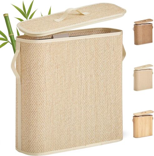 Bamboo Toilet Paper Storage Basket with Lid & Handle - 32L Large Capacity Handwoven Bathroom Organizer for 16 Rolls - Sturdy Stand Holder for Toilet Paper Organization - Lot 7647