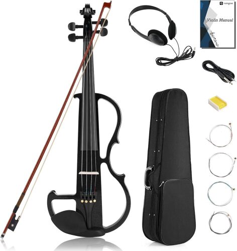 Vangoa Electric Violin Full Size 4/4, Black Silent Electric Violin, Solid Wood Metallic Electric Fiddle with Ebony Fittings, Beginner Kit for Adults Teens - Lot 7653