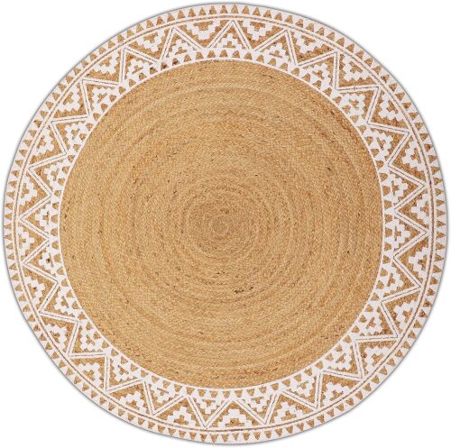 Premium Natural Jute Braided Area Rug, 4-feet Round, White Printed Border, Stain Resistance, Natural Handmade Rug for Entryways, Living Room, Dining Room, Bedroom, Farmhouse, Kitchen - Lot 7663