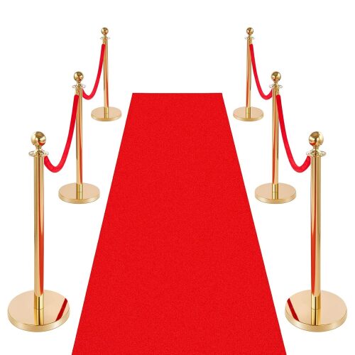 Stanchions and Velvet Ropes 6Pcs, Hollow Base with Stainless Steel Post & 26.25ft Carpet, 4 Red Velvet Ropes, Crowd Control Barriers Gold Stanchions, Red Carpet Runner Poles for Party Supplies - Lot 7687