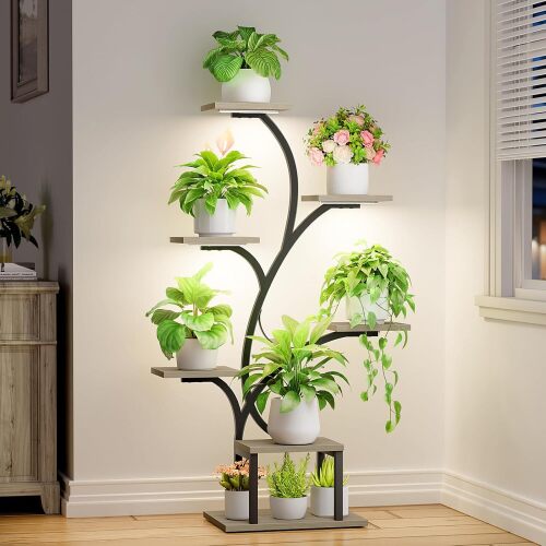 Plant Stand Indoor with Grow Lights, 7 Tiered Indoor Plant Shelf, 49" Corner Plant Stands for Indoor Plants, Metal Plant Flower Display Shelf, Tree-Shaped Plant Rack for Home, Patio - Lot 7725