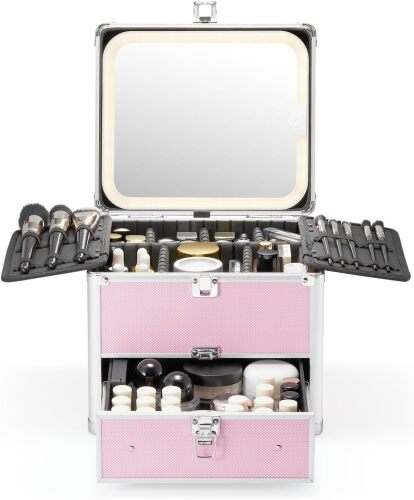 Makeup Box with Drawer and A Detachable Lighted Mirror, Waterproof Travel Train Case, Cosmetic Organizer and Makeup Suitcase with Adjustable Dividers, Magnetic LED Mirror - Lot 7755
