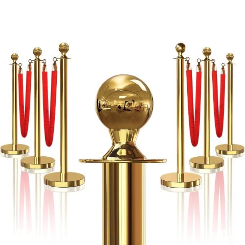 6PCS Gold Stanchions Posts with 4PCS 5 ft Red Velvet Rope, Red Velvet Rope Stanchion Set Crowd Control Barriers, Stanchions and Velvet Ropes Red Carpet Poles for Party Supplies - Lot 7765