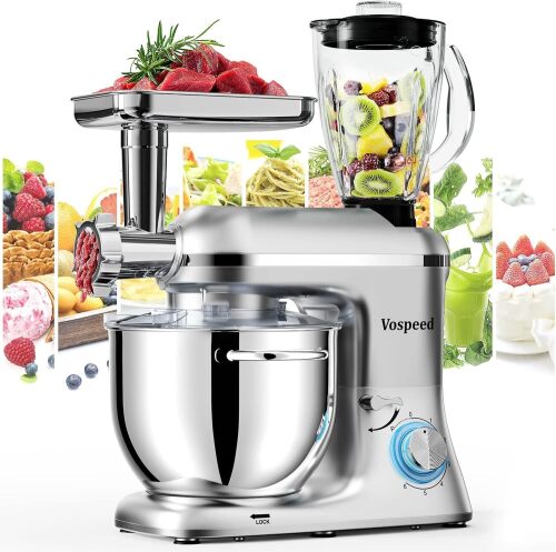 Stand Mixer 9 IN 1, 850W Tilt-Head Multifunctional Electric Mixer with 8 QT Stainless Steel Bowl, 1.5L Glass Jar, Meat Grinder, Hook, Whisk, Beater Dishwasher Safe - Lot 7814