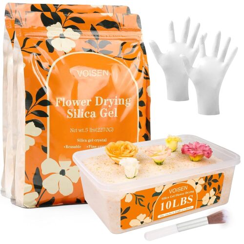 Silica Gel Flower Drying, 10LBS Silica Gel for Drying Flowers,Color Indicating Flower Preservation Kit Contains Flowers Desiccant, Brush, Gloves, Plastic Box - Lot 7818