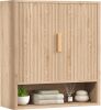 Natural Bathroom Wall Cabinet with 2 Fluted Doors, Modern Medicine Cabinet with Adjustable Shelf, Curved Profile Wall Mounted Bathroom Cabinet for Kitchen, Living Room, Oak - Thumbnail 1