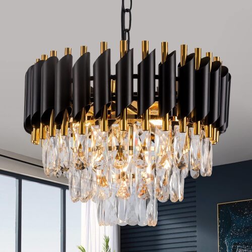 3-Tier Black Gold Crystal Chandelier 5-Light 15’’ Modern Crystal Pendant Chandelier Ceiling Light Fixture Hanging Lighting for Kitchen Island Dining Room Foyer Entryway Bedroom - Lot 7831