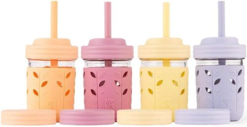 Kids + Toddler Glass Cups | The Original 8oz Glass Mason Jar with Sleeves + Lids | Silicone Straws + Stopper | Smoothie Cup | Food Storage | Spill Resistant | Dishwasher Safe | 4 Pack - Lot 7836