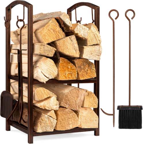 5-Piece Firewood Log Rack Holder Tools Set w/ Hook, Broom, Shovel, Tongs - Lot 7882