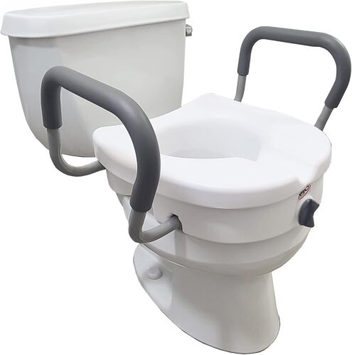 E-Z Lock Raised Toilet Seat With Handles, 5" Toilet Seat Riser with Arms, Handicap Raised Toilet Seat For Seniors and Elevated Toilet Seat - Lot 7895