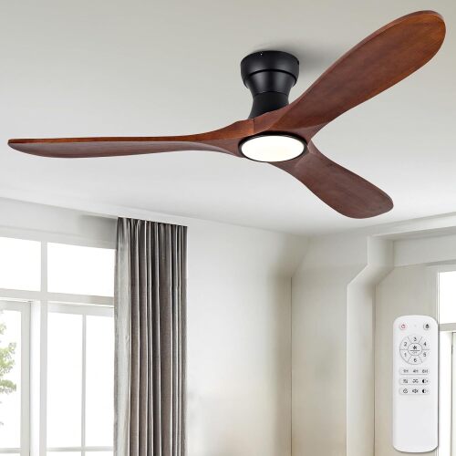 52 Inch Wood Flush Mount Ceiling Fans with Lights and Remote, Dimmable 3 Blade Wood Bedroom Ceiling Fan with Lights Low Profile Ceiling Fans with Light Outdoor Ceiling Fan for Patios Bedroom - Lot 7905