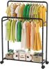 Simple Trending Clothing Clothes Rack Double Rods with Wheels, Rolling Metal Garment Rack for Hanging, Black - Thumbnail 1