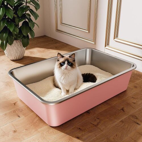 Stainless Steel Litter Box, Large Metal Cat Litter Box with High Sided for Big and Small Cats, Non-Stick, Easy to Clean, Odor-Free - Lot 7921
