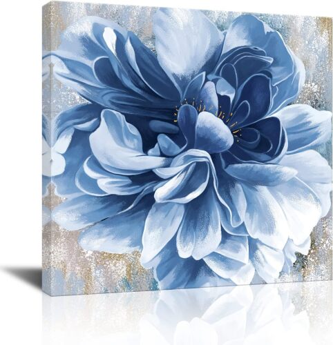 Blue Flower Wall Art,Navy Blue Floral Canvas Print Nature Scenery Wall Art for Living Room Bedroom Wall Painting Decoration Modern Artwork - Lot 7936