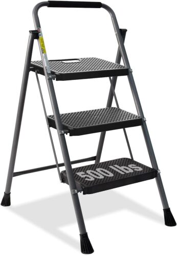 3 Step Ladder, GOLYTON Folding Step Stool with Anti-Slip Wide Pedal & Convenient Handgrip, 500lbs Capacity Steel Ladder for Household and Office, Grey - Lot 7948