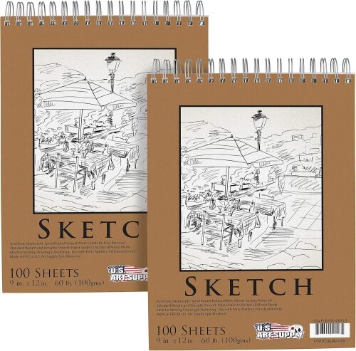 Top Spiral Bound Sketch Book, 2 Pack, 100 Sheets Each, 60lb (100gsm), Acid-Free, Artist Sketchbook, Drawing Pad for Adults & Students - Lot 7958
