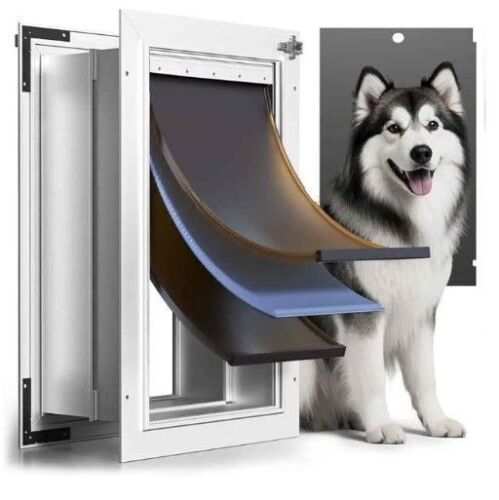 Pet Door for Wall,3-Flap,Steel Frame and Telescoping Tunnel, Aluminum Lock, Double Flap Dog Door and Cat Door, Strong and Durable (Pets Up to 110 Lb) - Lot 10142