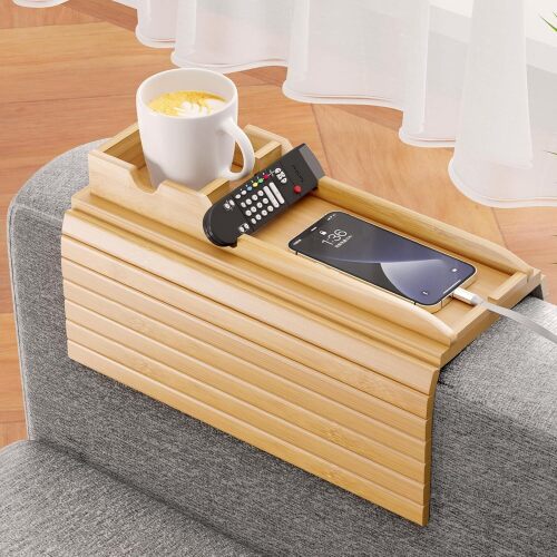 Bamboo Sofa Armrest Tray - Couch Arm Tray with Detachable Couch Cup Holder - 2 in 1 Anti-Slip Foldable Sofa Armchair Caddy Table for Drinks Cellphone TV Remote Snacks - Lot 8012