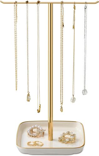 Jewelry Holder Stand with Ceramic Base: 12" Tall Necklace Organizer Rack, Tree Design Display Storage for Necklaces, Bracelets, Rings, Earrings, Aesthetic Room Décor for Girls and Women, Gold - Lot 8036
