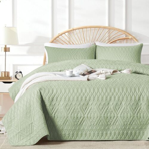 King/Cal King Size Quilt Bedding Set,Sage Green Lightweight Microfiber Soft Bedspread,Modern Style Geometric Pattern Coverlet Set for All Seasons,3 Piece(1 Quilt,2 Pillow Shams) - Lot 8048