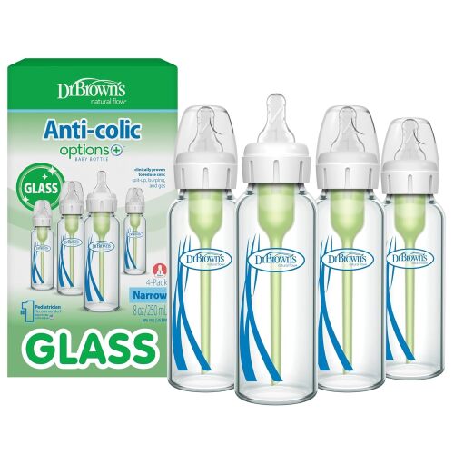 Dr. Brown's Anti-Colic Options+ Narrow Glass Baby Bottle with Level 1 Slow Flow Nipple, BPA-Free, 8 oz/250 mL, 0m+, 4-Pack - Lot 8078