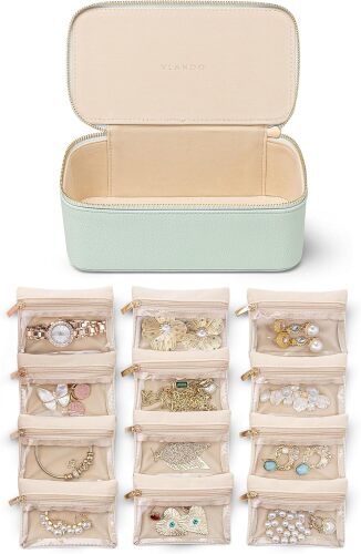 Jewelry Organizer with 12 Velvet Jewelry Bags Travel Jewelry Case for Girls Premium Petal Hardware Jewelry Box Necklace Rings Earrings Bags - Lot 8084