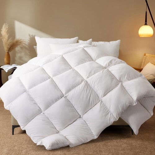 Queen Size Feather Comforter, Filled with Feather and Down Fiber, White All Season Duvet Insert - Luxurious Hotel Bed Comforter - 100% Cotton Cover, Medium Warmth with Corner Tabs - Lot 8055