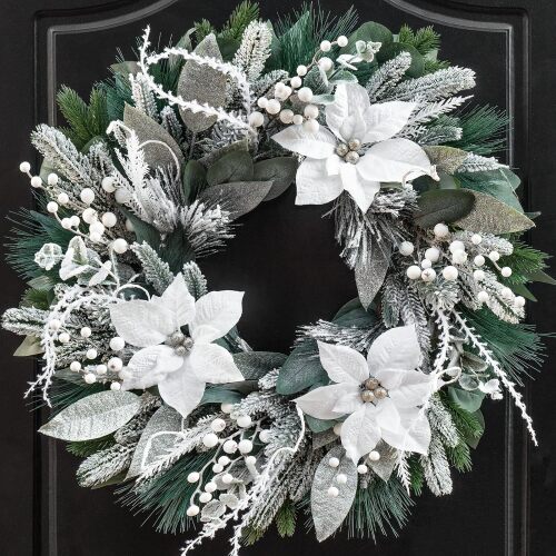 Winter Wreaths for Front Door 24 Inch Outdoor Christmas Wreath Artificial Winter Door Wreath with White Christmas Flowers,Snowy Eucalyptus and White Berry for Farmhouse Home Wall Door Decor - Lot 8026