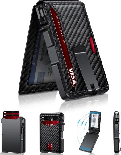 Wallet for Men, Mens Minimalist Wallet 9-13 Cards, Slim Compact Wallet with Money Clip & ID Window, RFID Blocking Smart Pop Up Card Wallet, Metal Aluminum Credit Card Holder Bifold Wallet - Lot 8035