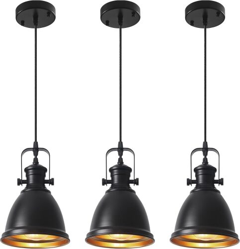 Black Pendant Lights Kitchen Island 3 Pack, Vintage Pendant Light, 6.5’’ Farmhouse Pendant Light Fixtures, Adjustable Height, Pendant Lighting for Dining Room, Living Room, Sink, Bar - Lot 8032