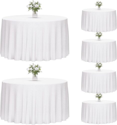 6 Pack White Round Tablecloth, 120 Inch Round Table Cloth Polyester Fabric Washable Table Covers for Wedding, Party, Banquet, Christmas Decorations, Birthday Events - Lot 8044