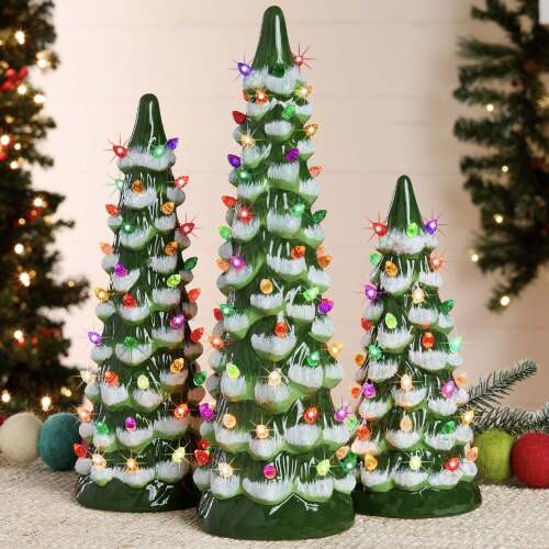 Set of 3 XL Pre-Lit Ceramic Tabletop Christmas Trees - Lot 8097