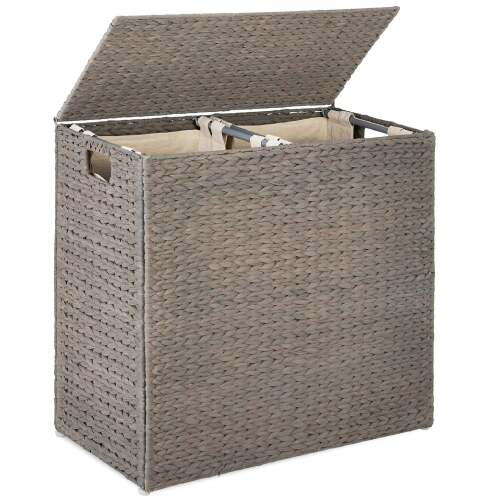 Large Water Hyacinth Double Laundry Hamper Basket w/ 2 Liner Bags - Lot 8063