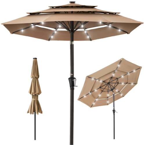 3-Tier Solar Patio Umbrella w/ LED Lights, Tilt Adjustment, Crank - 10ft - Lot 8088