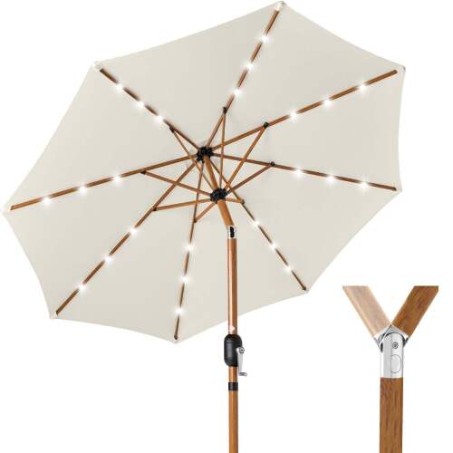 Woodgrain Pattern Solar LED Lighted Patio Umbrella w/ Adjustable Tilt - 10ft - Lot 8094