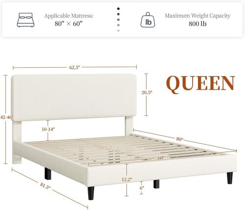 Bed Frames with Adjustable Headboard, Chenille Fabric Upholstered Headboard/Platform Bed, Queen Size Bed Frame No Box Spring Needed/Wood Slats Support/Easy Assembly - Lot 8178