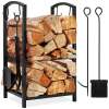 5-Piece Firewood Log Rack Holder Tools Set w/ Hook, Broom, Shovel, Tongs - Thumbnail 1