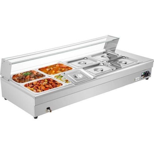 VEVOR 8-Pan Bain Marie Food Warmer 6-inch Deep, 1500W Electric Countertop Food Warmer 88 Qt with Tempered Glass Shield, 110V Food Grade Stainelss Steel Commercial Table with 8 Lids & 2 Ladles - Lot 26
