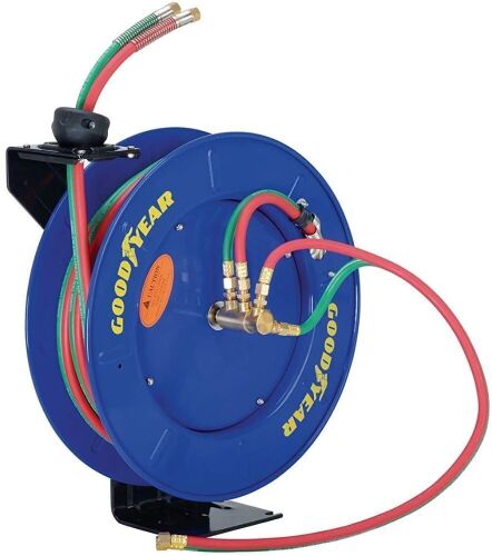 Goodyear Welding Hose Reel Retractable 1/4" Inch x 50’ Foot Twin Oxygen Acetylene Rubber Hoses STD Duty Max 300PSI Heavy Duty Industrial Single Arm Construction - Lot 33
