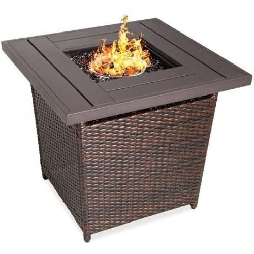 28in Fire Pit Table 50,000 BTU Wicker Propane w/ Faux Wood Tabletop, Cover - Lot 171